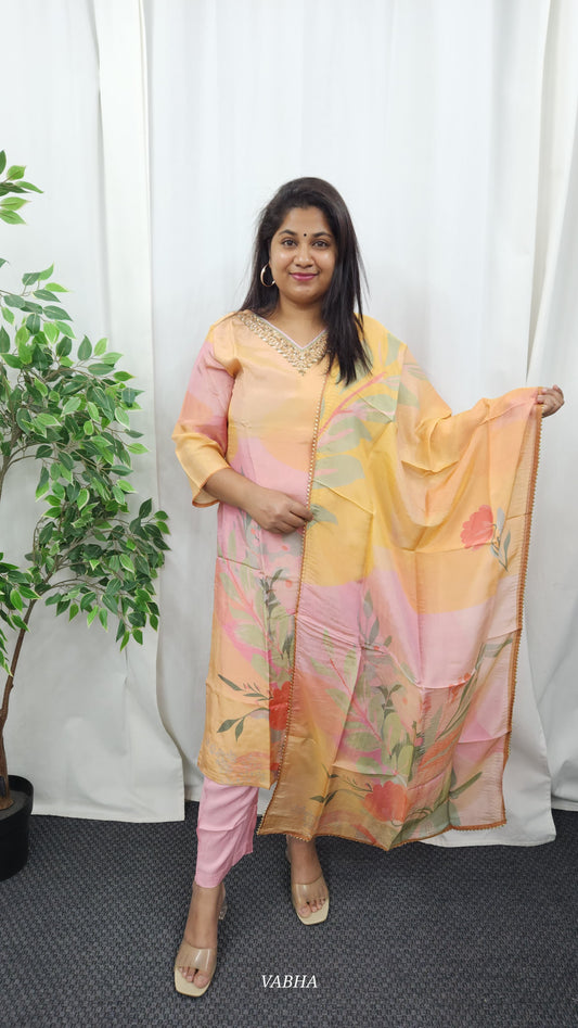 KPD17 Pink Multi Colour Tissue Kurti Pant Dupatta 3 Piece Set