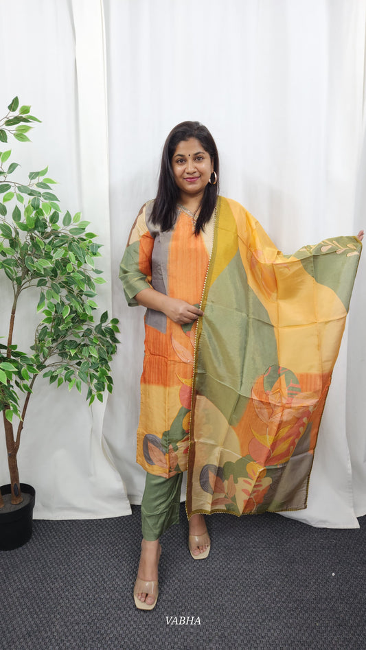 KPD16 Green Multi Colour Tissue Kurti Pant Dupatta 3 Piece Set
