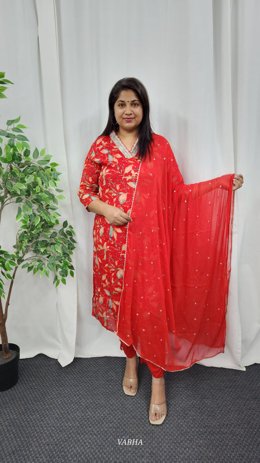 KPD14 Orange Chinon Kurti Pant Dupatta 3 Piece Set