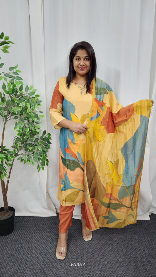 KPD18 Brown Multi Colour Tissue Kurti Pant Dupatta 3 Piece Set