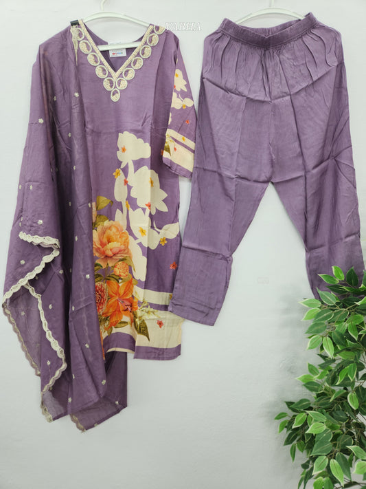 KPD110 Lavender Muslin With Digital Print Heavy Pearl And Sequence V Neck Kurti Pant Duppatta  Jio