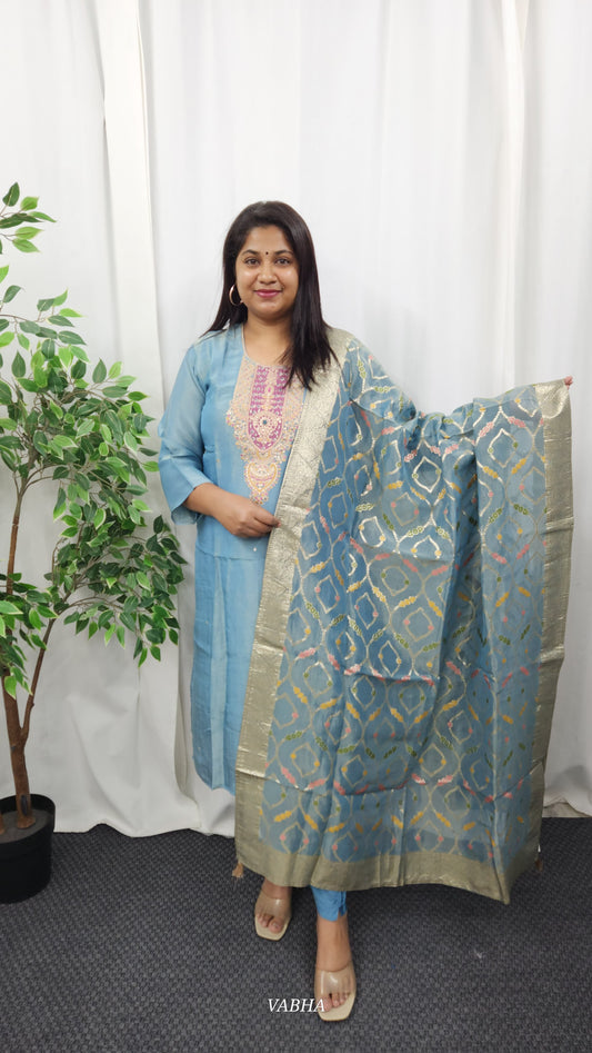 KPD13 Aqua Blue Tissue Kurti Pant Dupatta 3 Piece Set
