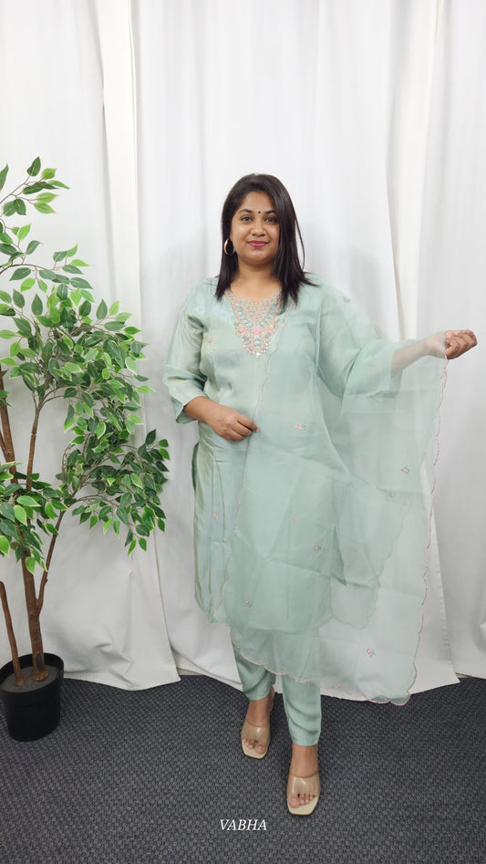 KPD07 Sea Green Tissue Kurti Pant Dupatta