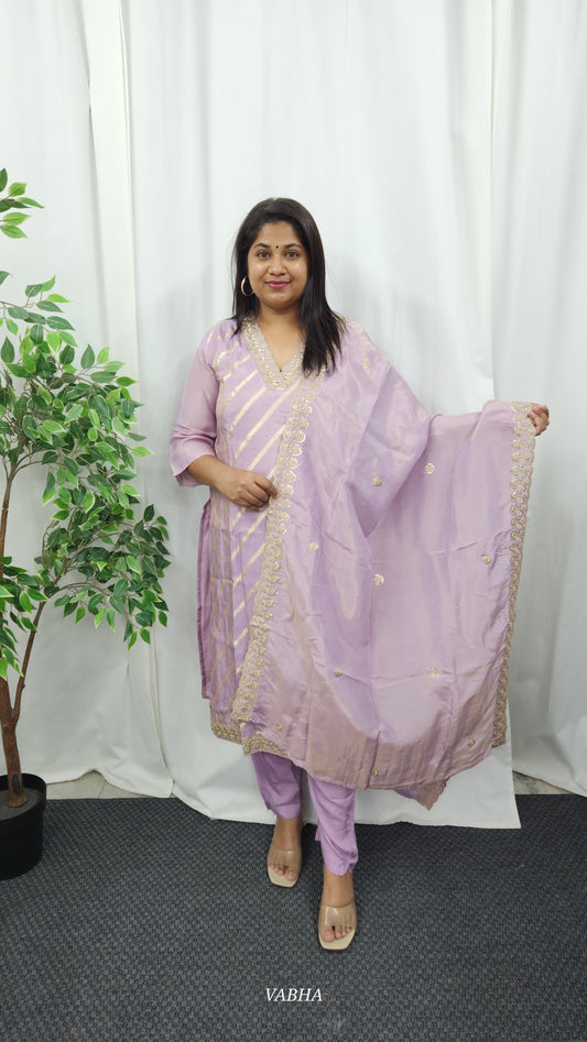 KPD12 Lavender Diagonal Tissue Kurti Pant Dupatta 3 Piece Set