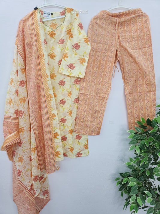 KPD106 Light Yellow Floral Print Straight Cut Cotton Kurti Pant Duppatta