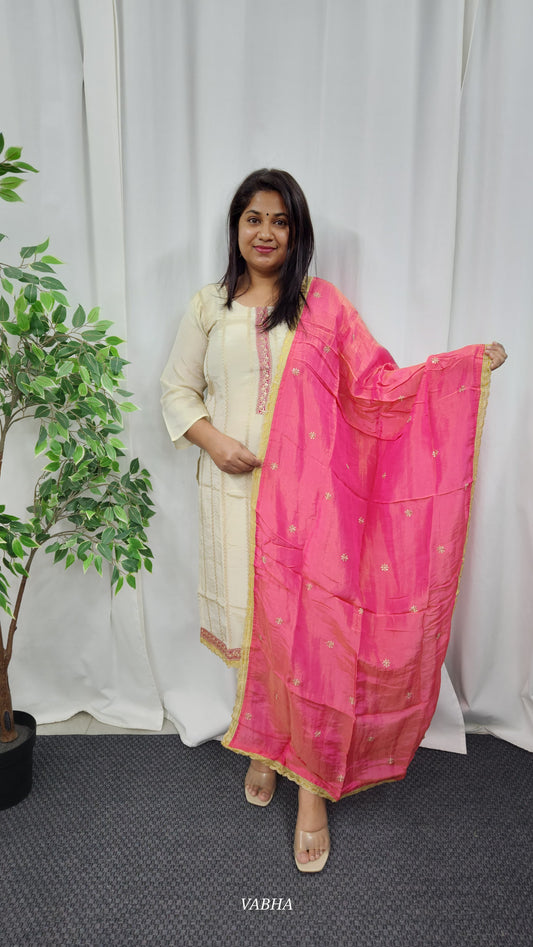 KPD11 Cream Pink Tissue Kurti Pant Dupatta