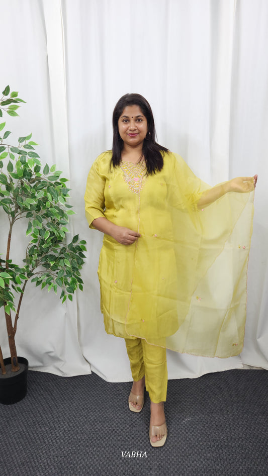 KPD08 Lemon Green Tissue Kurti Pant Dupatta