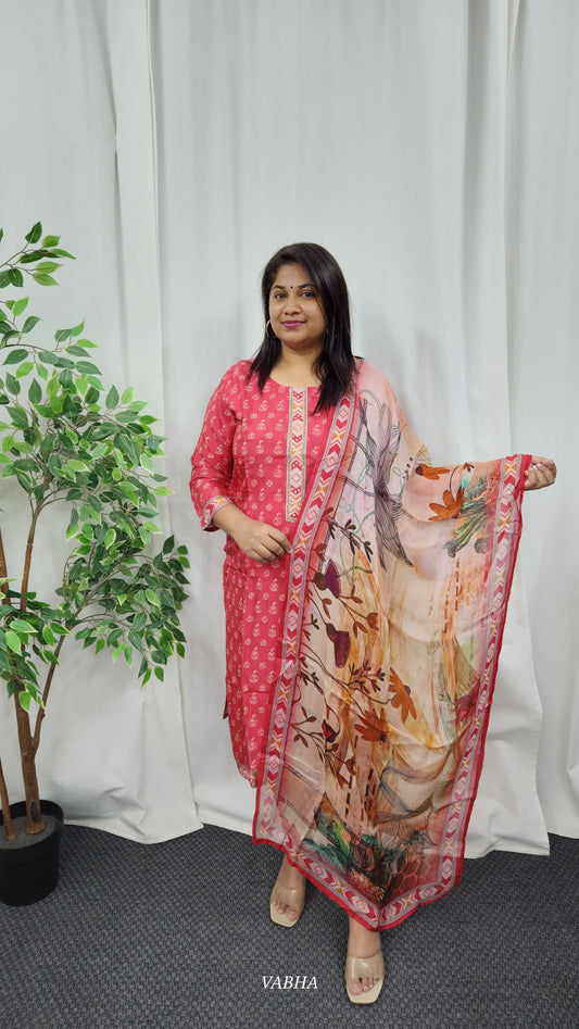 KPD06 Pink Muslin Kurti Pant Dupatta