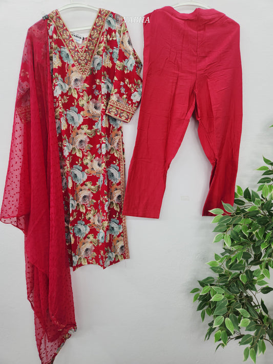 KPD117 Pink Modal Silk With V Neck Thread Embroidery Floral Print Straight Cut Kurti Pant Duppatta