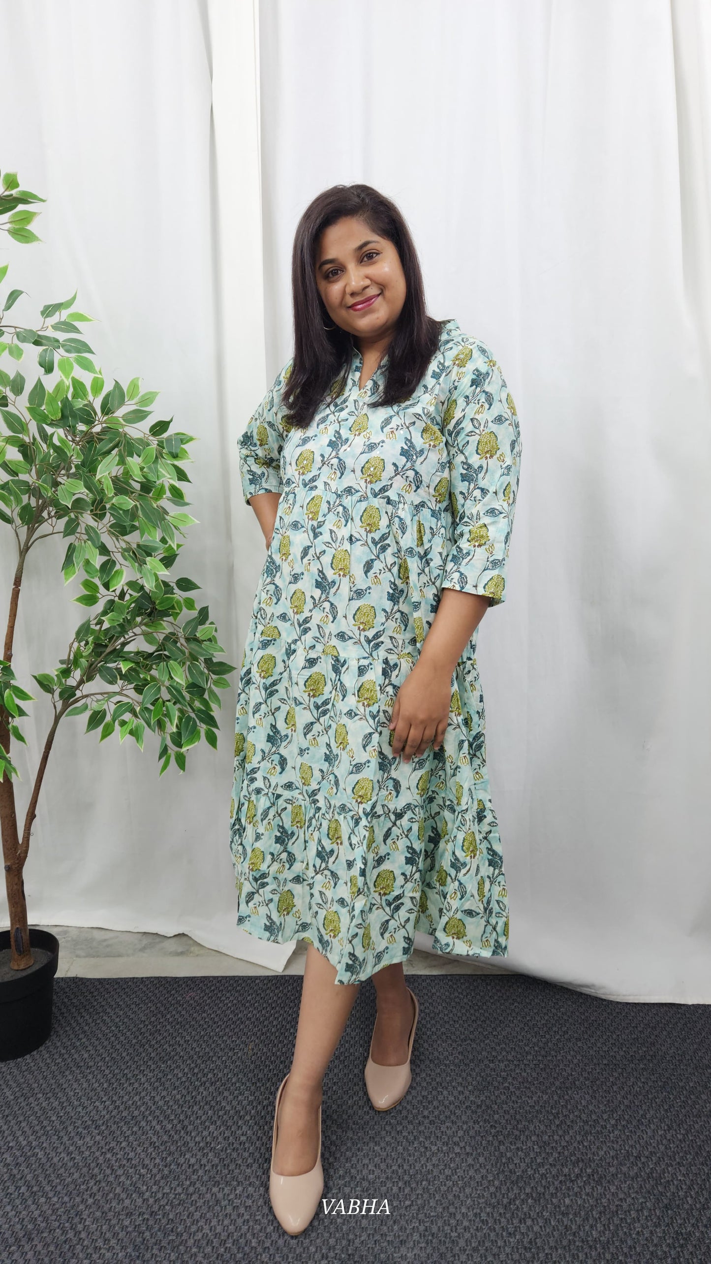 F05 Green Floral Cotton Frock