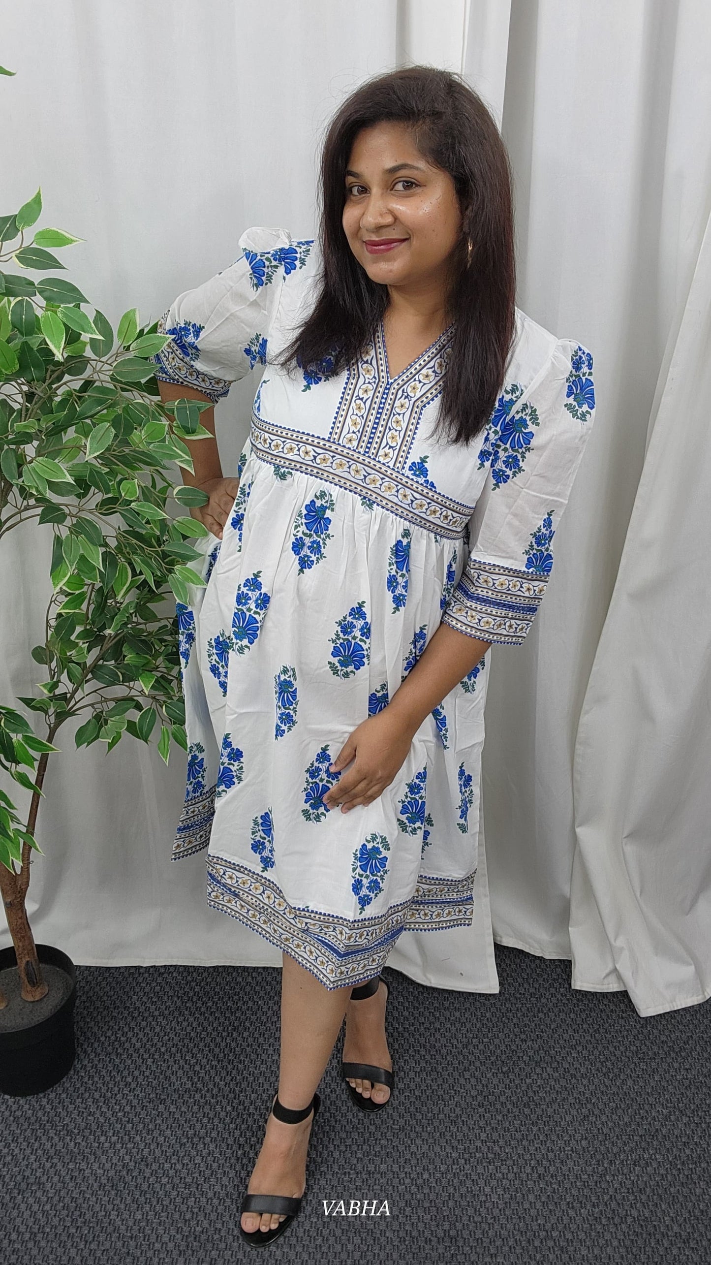 F07 White Blue Floral Cotton Frock