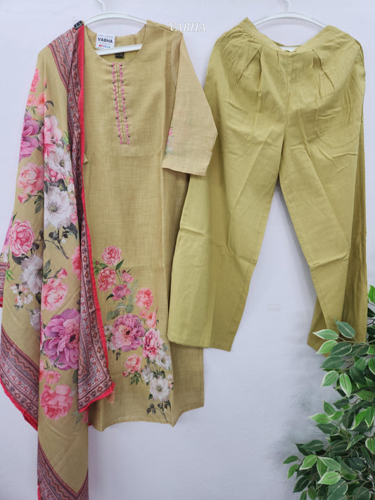 KPD121 Olive Green Lenin Cotton Round Neck With Digital Print Straight Cut Kurti Pant Duppatta