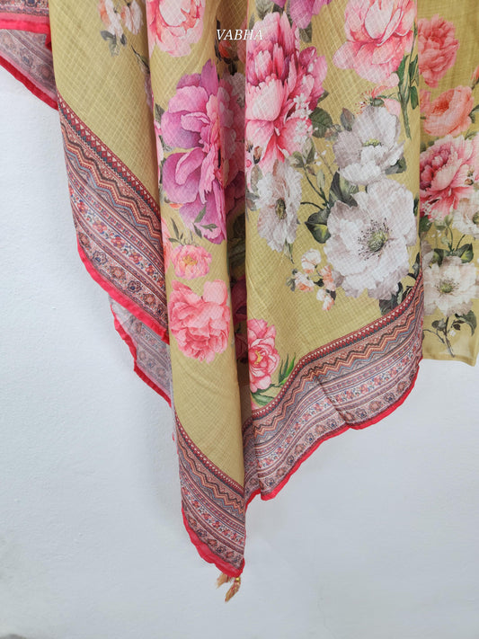 KPD121 L Size Olive Green Lenin Cotton Round Neck With Digital Print Straight Cut Kurti Pant Duppatta