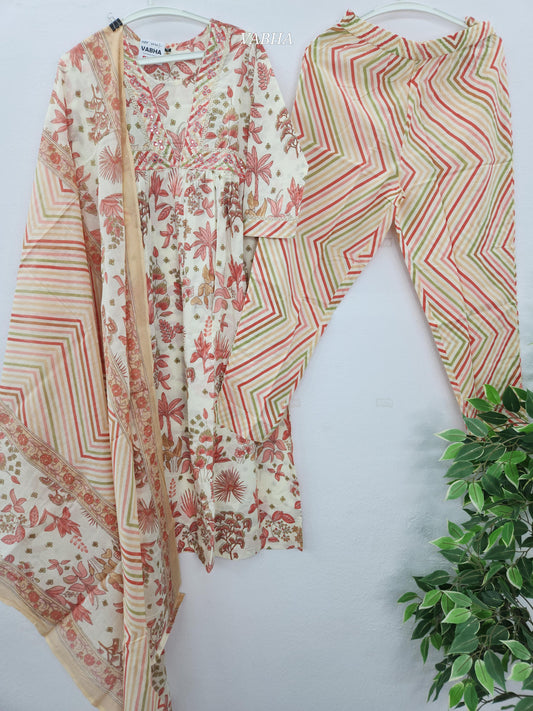 KPD123 Cream Red Round Neck A-Line Cut Cotton  Kurti Pant Duppatta
