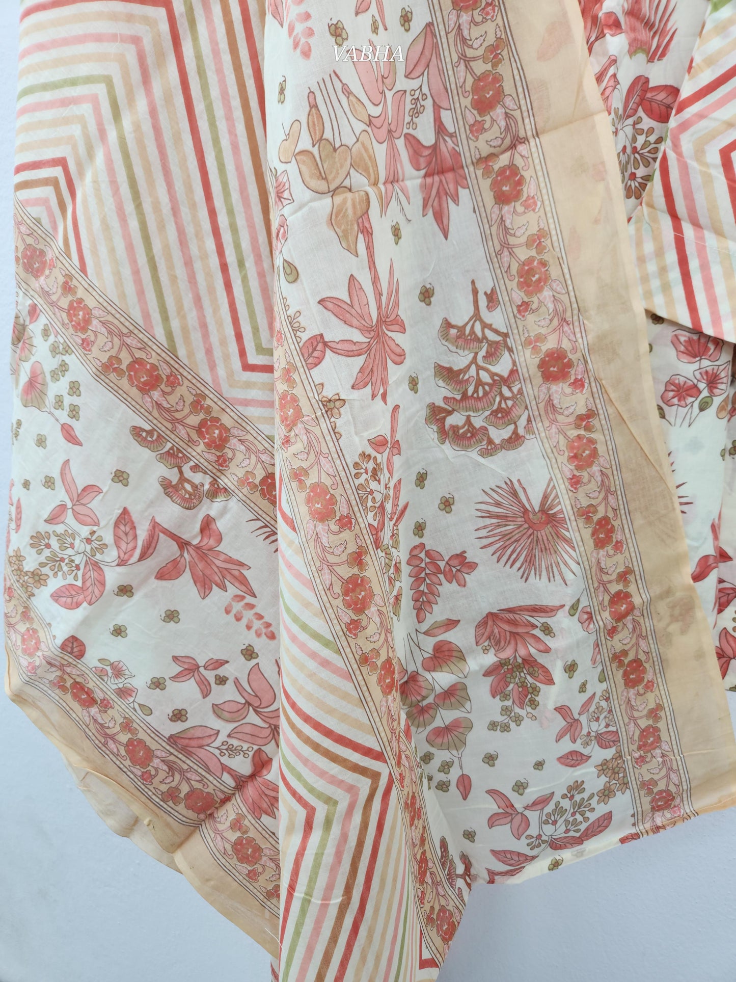 KPD123 Cream Red Round Neck A-Line Cut Cotton  Kurti Pant Duppatta