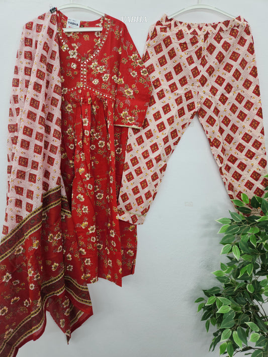 KPD124 Red Floral Print Alia Cut A-Line Style V Neck Cotton Kurti Pant Duppatta