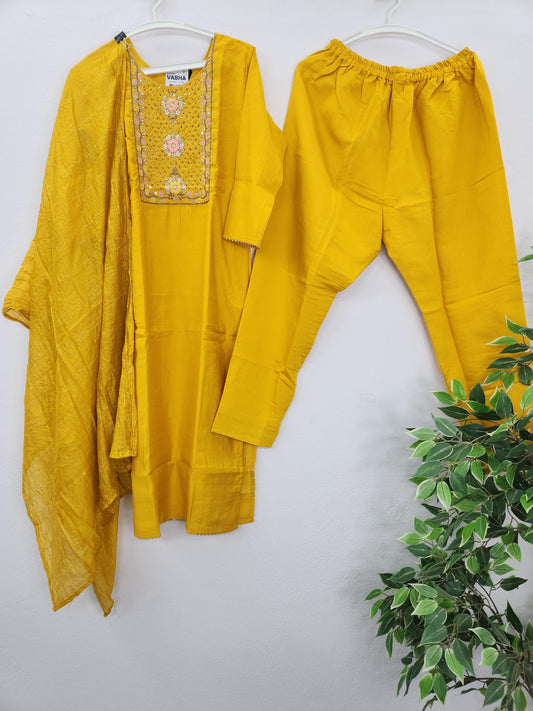 KPD126  Yellow Roman Silk With Lining Round Neck Heavy Thread Pearl And Sequence Work Straight Cut Kurti Pant Duppatta