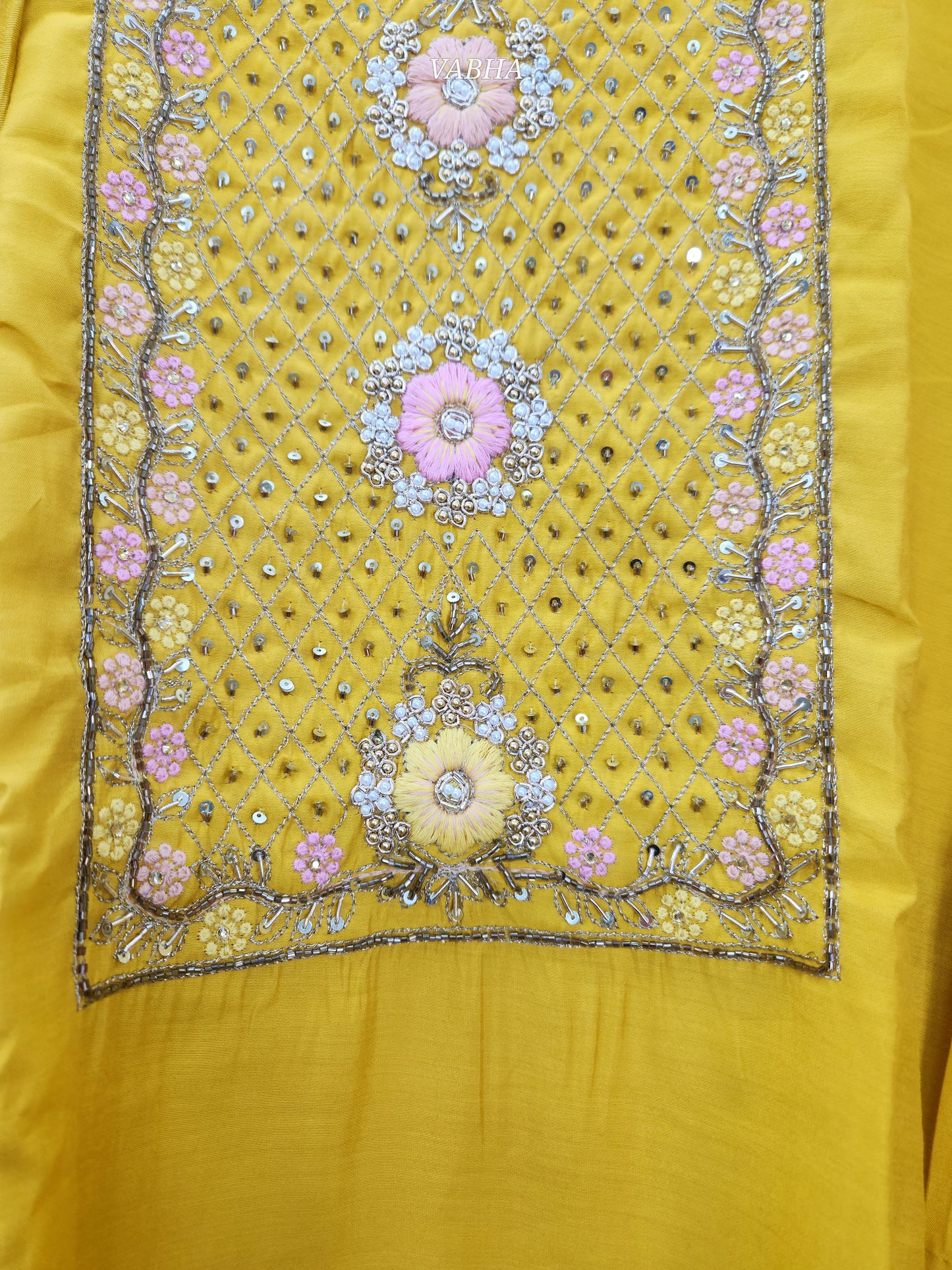 KPD126  Yellow Roman Silk With Lining Round Neck Heavy Thread Pearl And Sequence Work Straight Cut Kurti Pant Duppatta