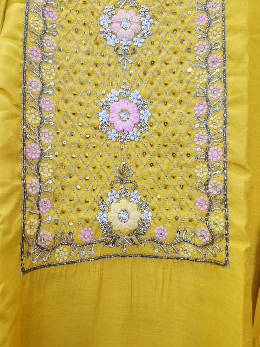 KPD126 L Size Yellow Roman Silk With Lining Round Neck Heavy Thread Pearl And Sequence Work Straight Cut Kurti Pant Duppatta