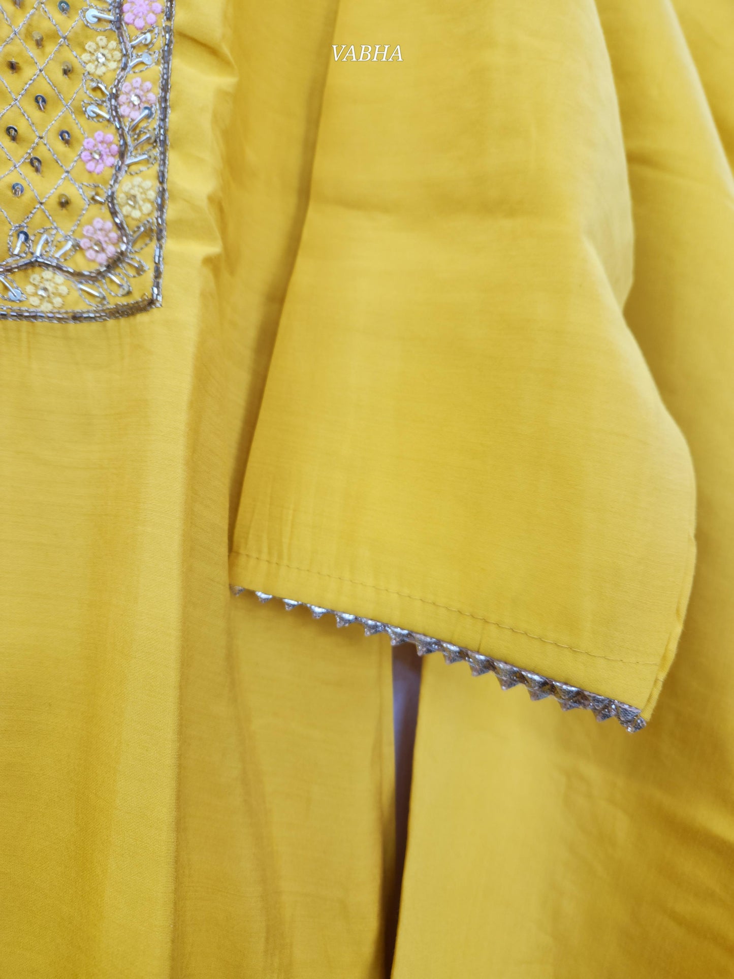 KPD126  Yellow Roman Silk With Lining Round Neck Heavy Thread Pearl And Sequence Work Straight Cut Kurti Pant Duppatta