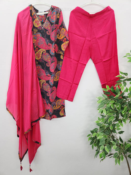 KPD129  Black Pink Muslin Silk With Lining V Neck With Mango Print Straight Cut Kurti Pant Duppatta