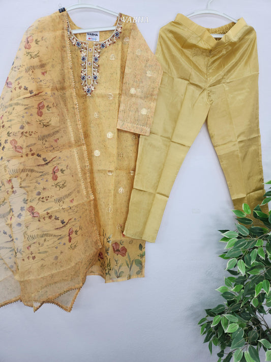 KPD130  Yellow Muslin Silk With Lining Round Neck With Heavy Pearl Work Straight Cut Kurti Pant Duppatta