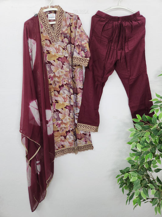 KPD139 Magenta Pink Modal Silk With Lining Scalop Lace Straight Cut Kurti Pant Duppatta