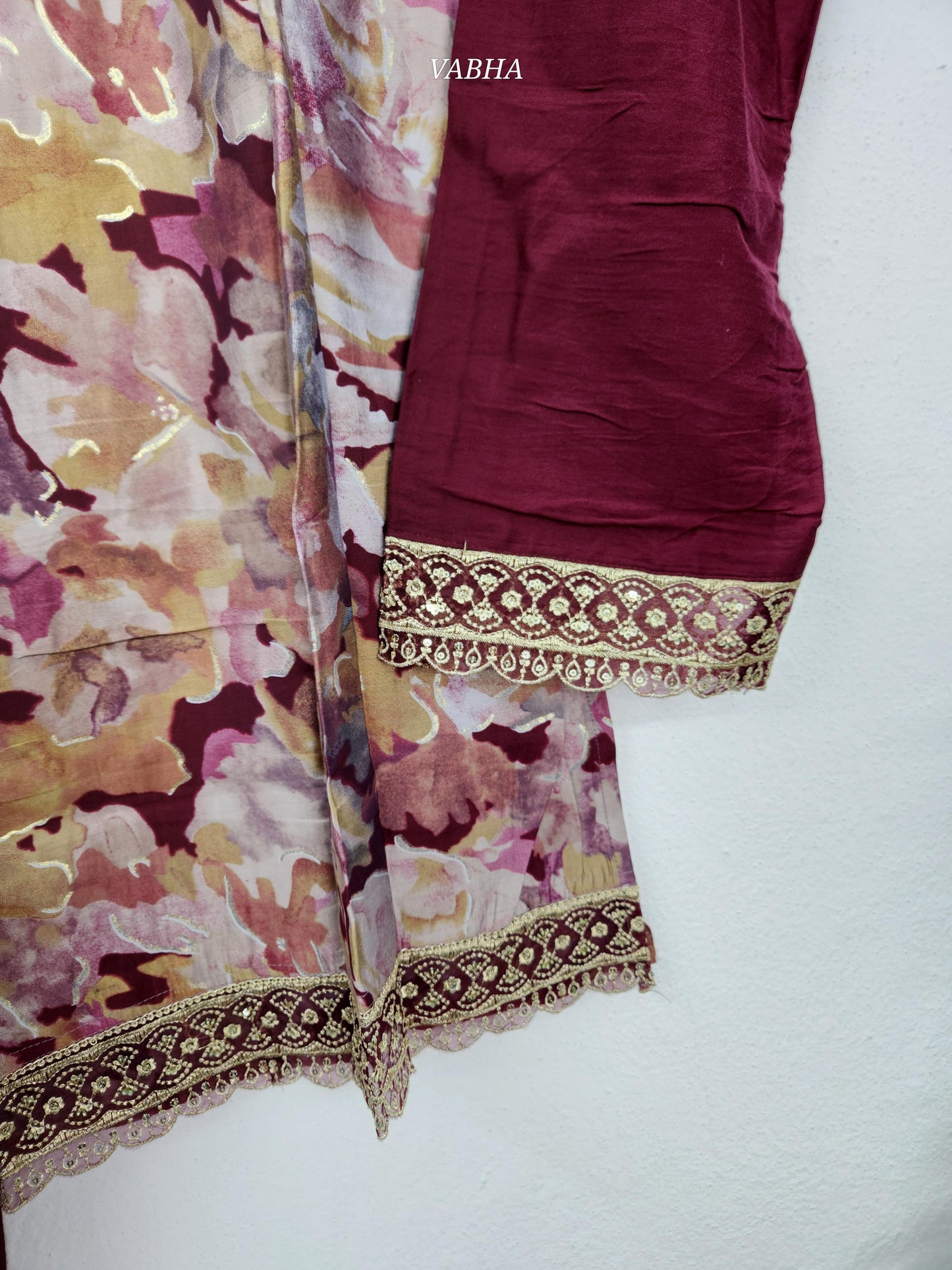 KPD139 Magenta Pink Modal Silk With Lining Scalop Lace Straight Cut Kurti Pant Duppatta