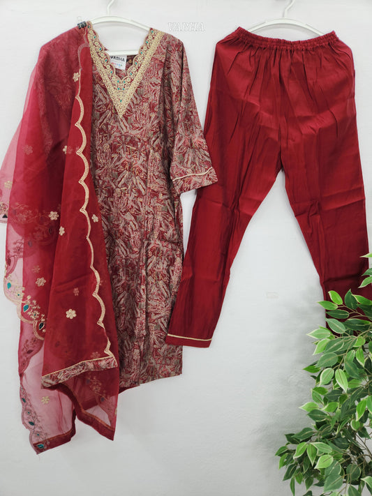 KPD141 Red Modal Silk scalop V neck With Zari Embroidery Printed With Lining Straight Cut Kurti Pant Duppatta