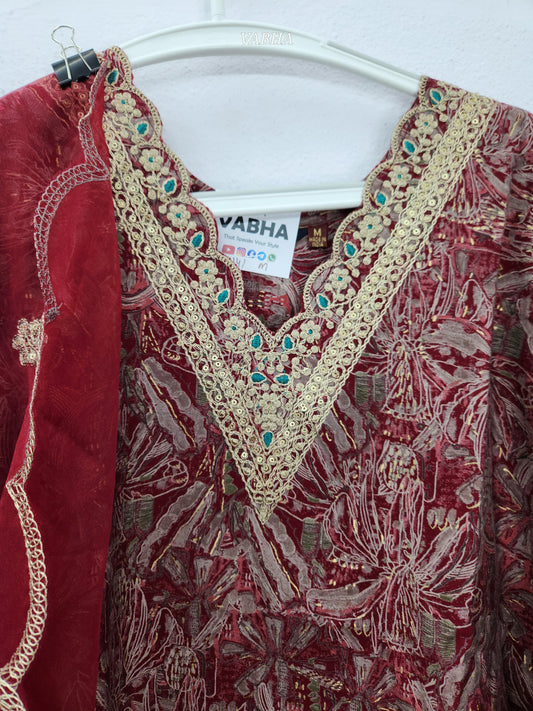 KPD141 Red Modal Silk scalop V neck With Zari Embroidery Printed With Lining Straight Cut Kurti Pant Duppatta