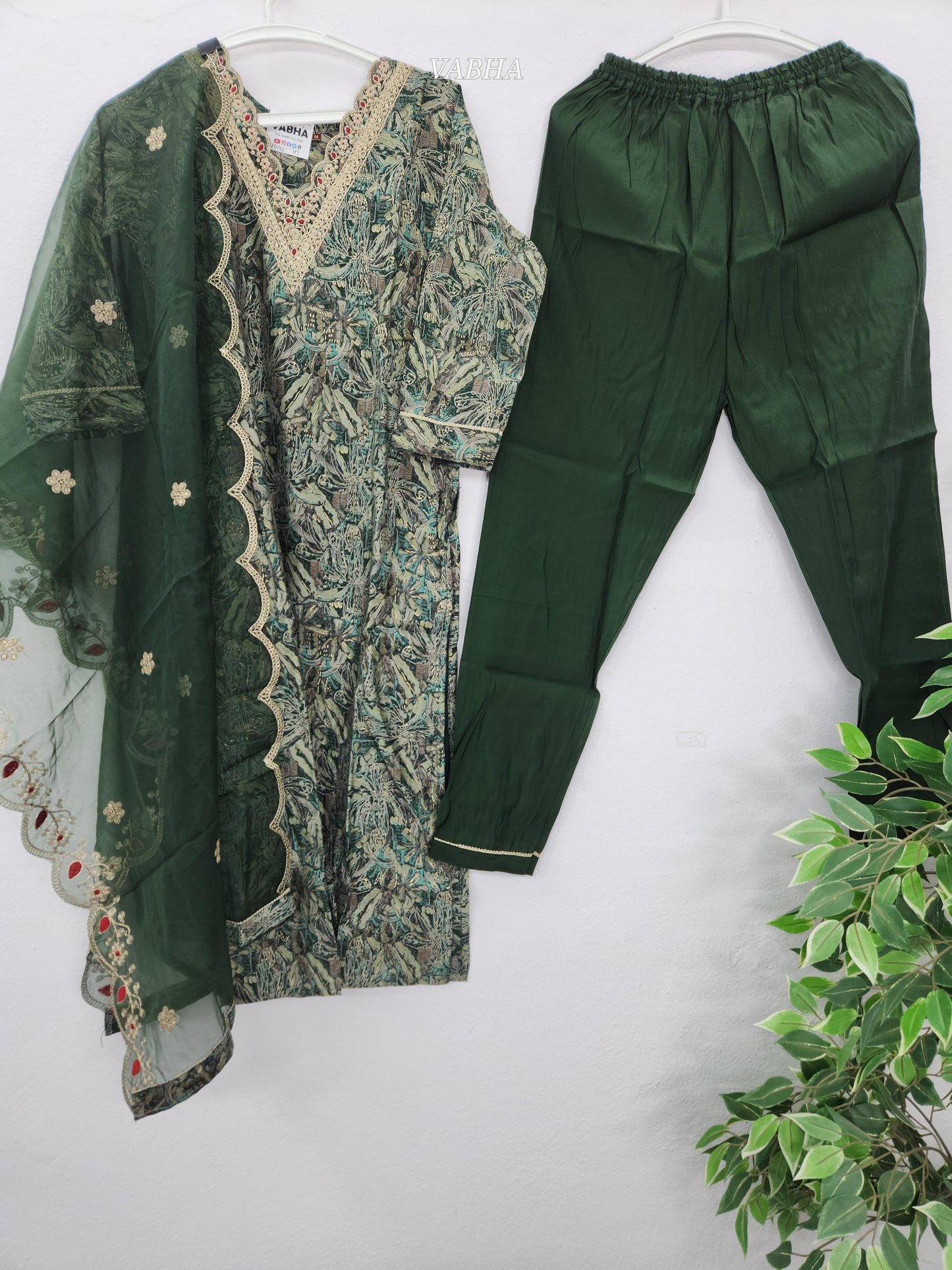 KPD142 Bottle Green Modal Silk scalop V neck With Zari Embroidery Printed With Lining Straight Cut Kurti Pant Duppatta