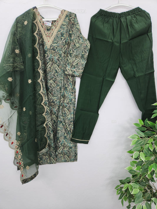 KPD142 Bottle Green Modal Silk scalop V neck With Zari Embroidery Printed With Lining Straight Cut Kurti Pant Duppatta