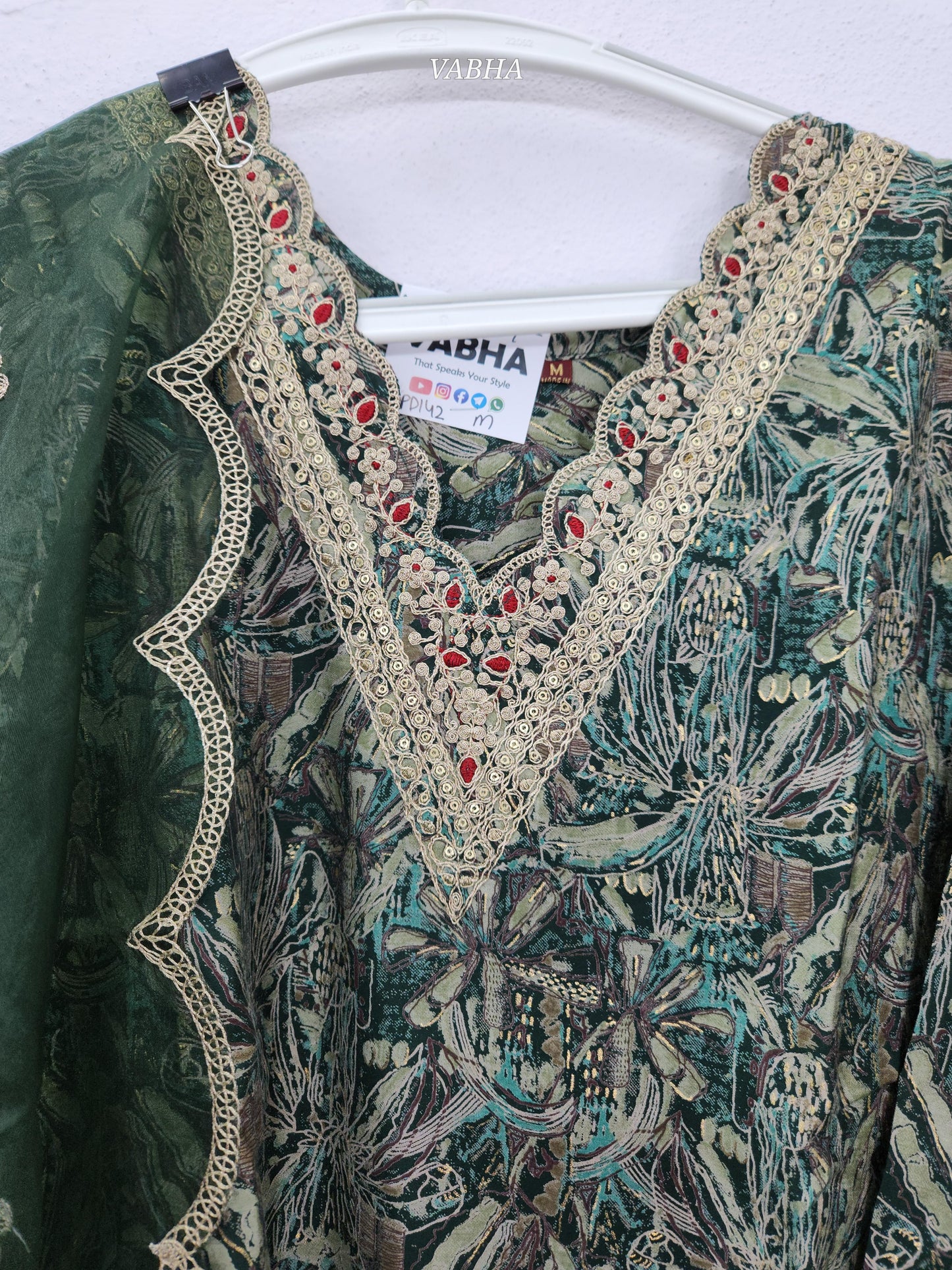KPD142 Bottle Green Modal Silk scalop V neck With Zari Embroidery Printed With Lining Straight Cut Kurti Pant Duppatta