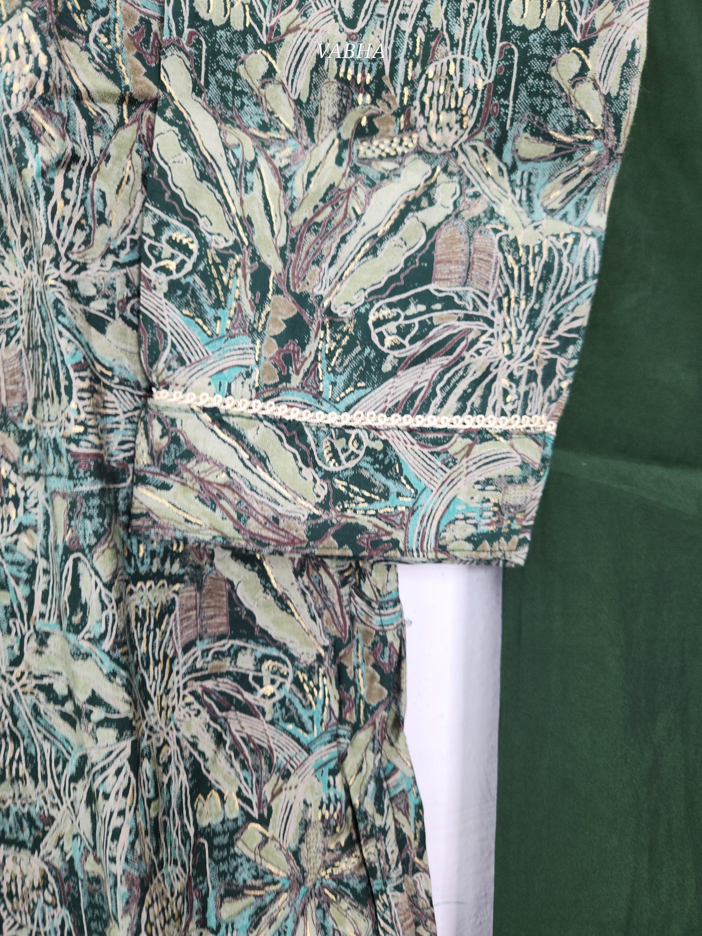 KPD142 Bottle Green Modal Silk scalop V neck With Zari Embroidery Printed With Lining Straight Cut Kurti Pant Duppatta