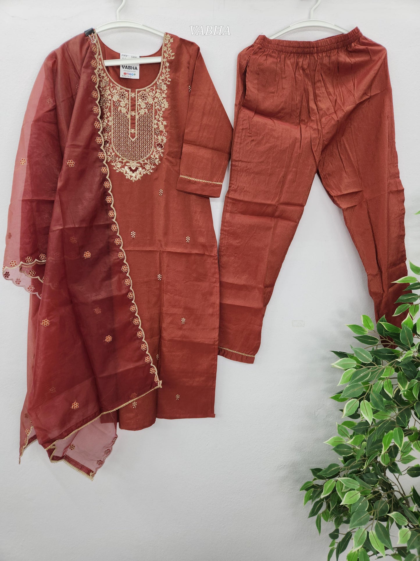 KPD145 Brown Roman Shimmer Silk Round neck With Heavy Thread embroidery With Lining Straight Cut Kurti Pant Duppatta