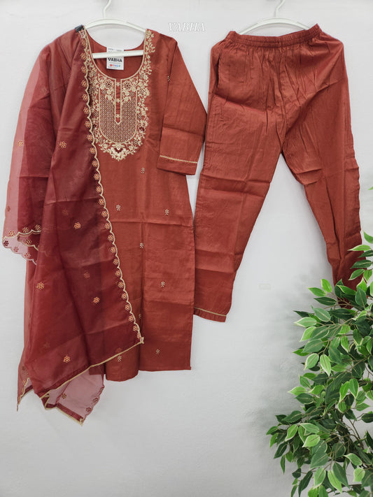 KPD145 Brown Roman Shimmer Silk Round neck With Heavy Thread embroidery With Lining Straight Cut Kurti Pant Duppatta