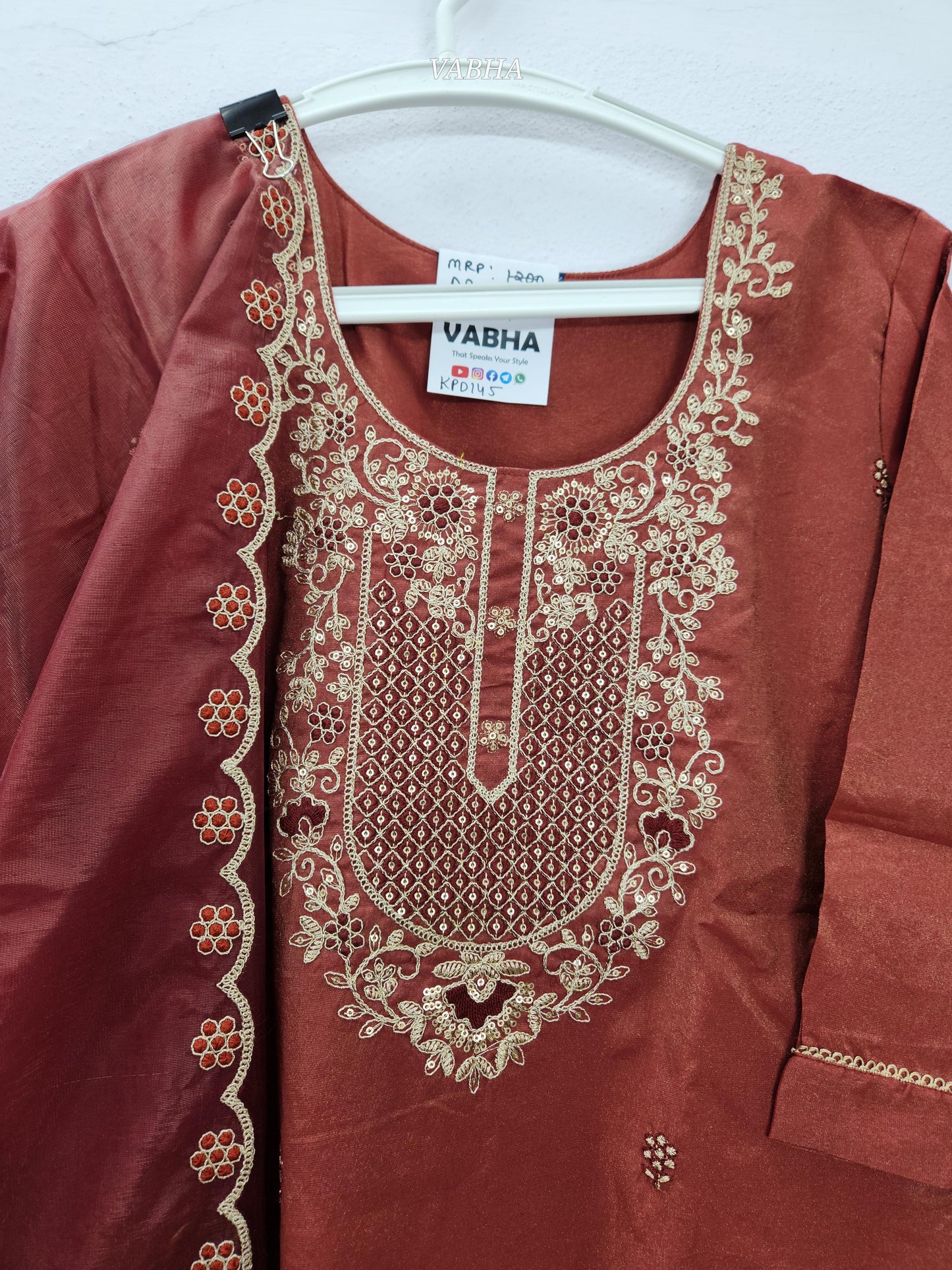 KPD145 Brown Roman Shimmer Silk Round neck With Heavy Thread embroidery With Lining Straight Cut Kurti Pant Duppatta