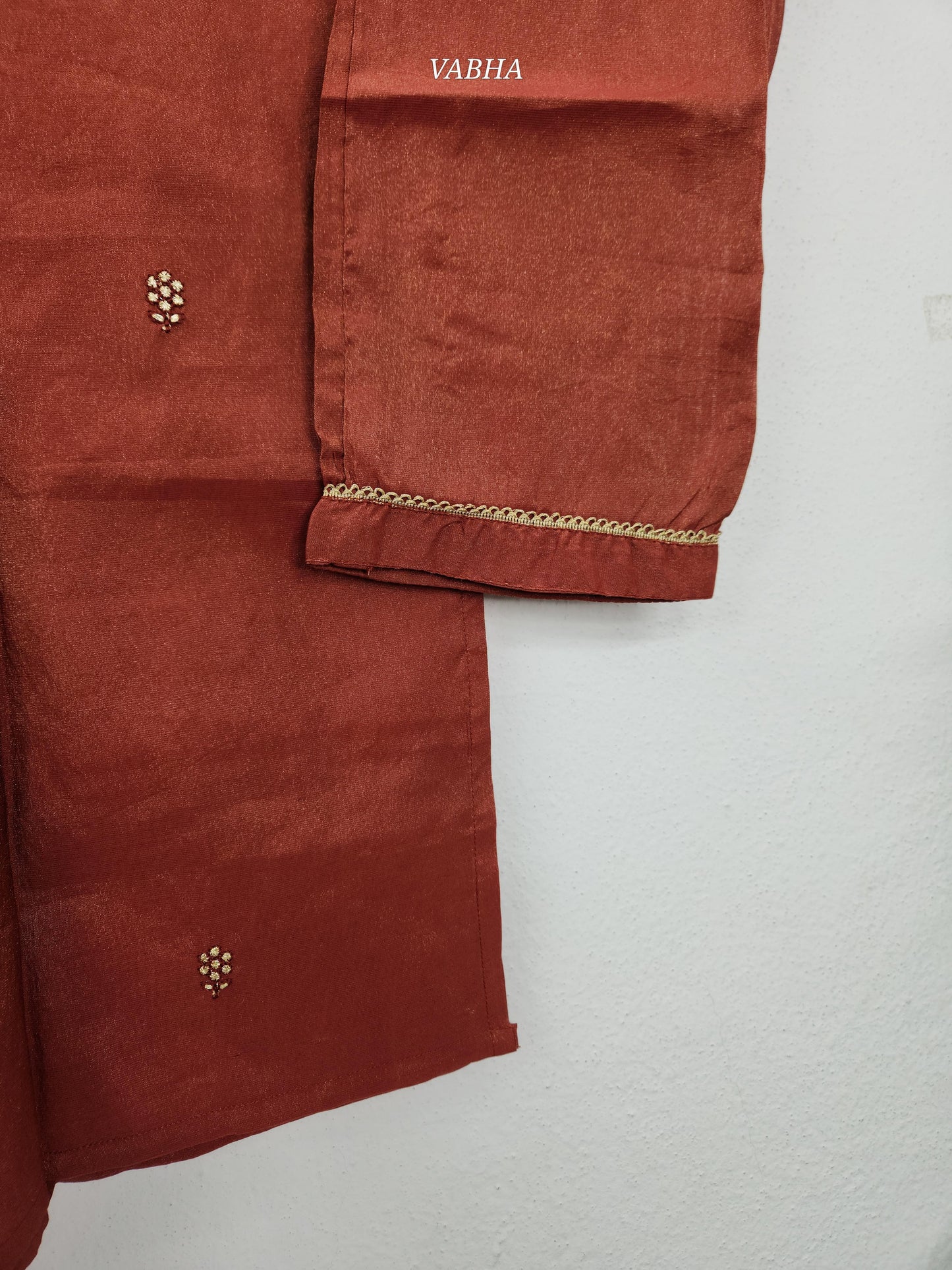 KPD145 Brown Roman Shimmer Silk Round neck With Heavy Thread embroidery With Lining Straight Cut Kurti Pant Duppatta
