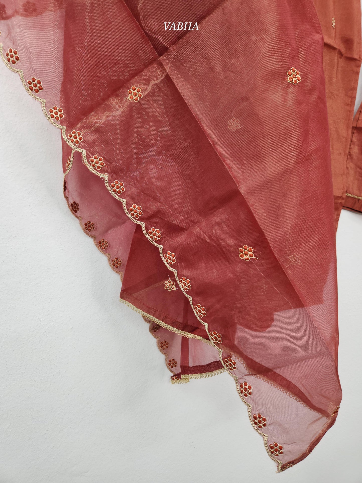 KPD145 Brown Roman Shimmer Silk Round neck With Heavy Thread embroidery With Lining Straight Cut Kurti Pant Duppatta