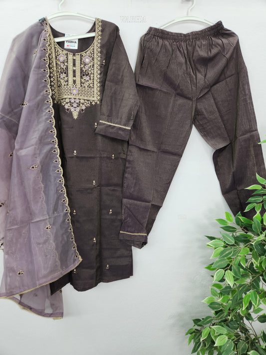 KPD146 Lavender Roman Shimmer Silk Round neck With Heavy Thread embroidery With Lining Straight Cut Kurti Pant Duppatta