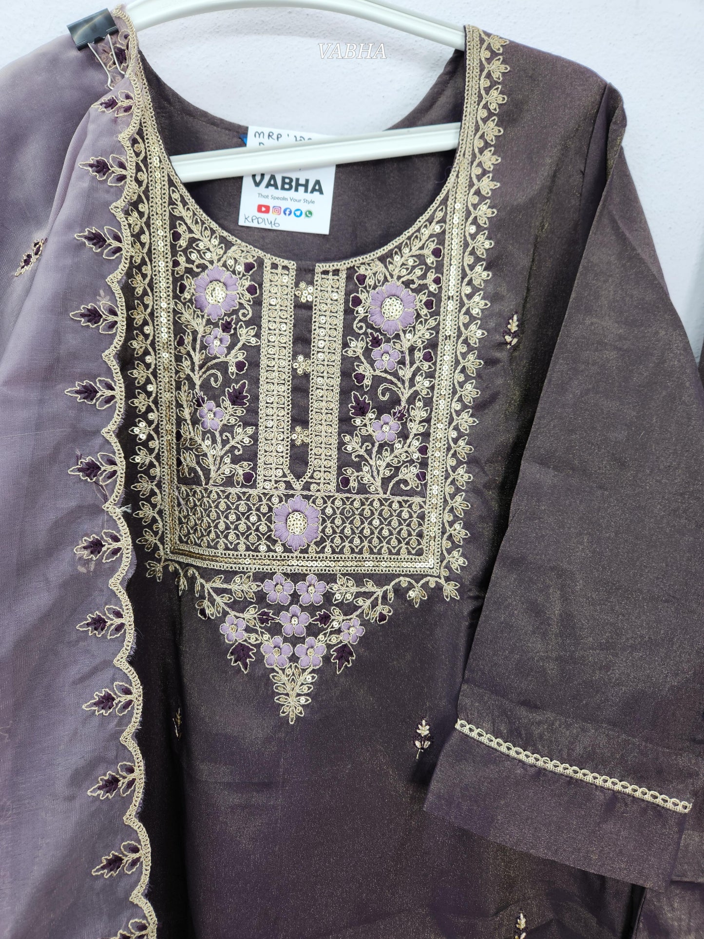 KPD146 Lavender Roman Shimmer Silk Round neck With Heavy Thread embroidery With Lining Straight Cut Kurti Pant Duppatta