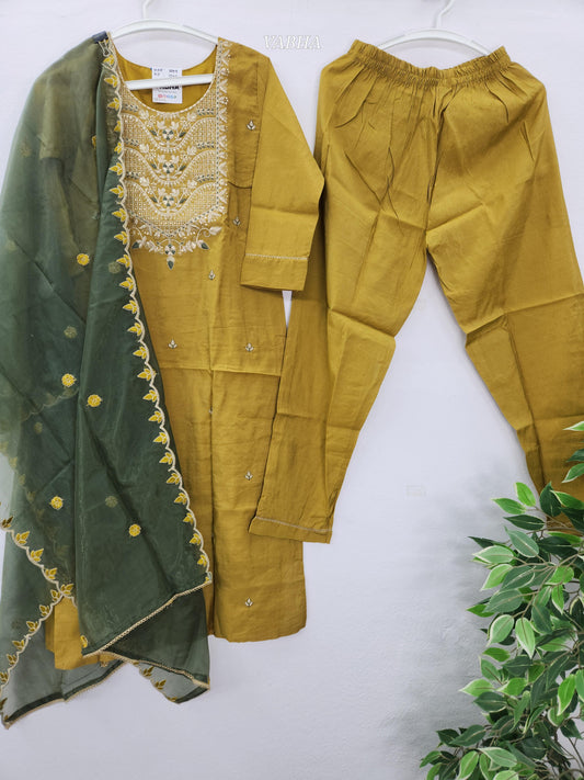 KPD147 Yellow Roman Shimmer Silk Round neck With Heavy Thread embroidery With Lining Straight Cut Kurti Pant Duppatta