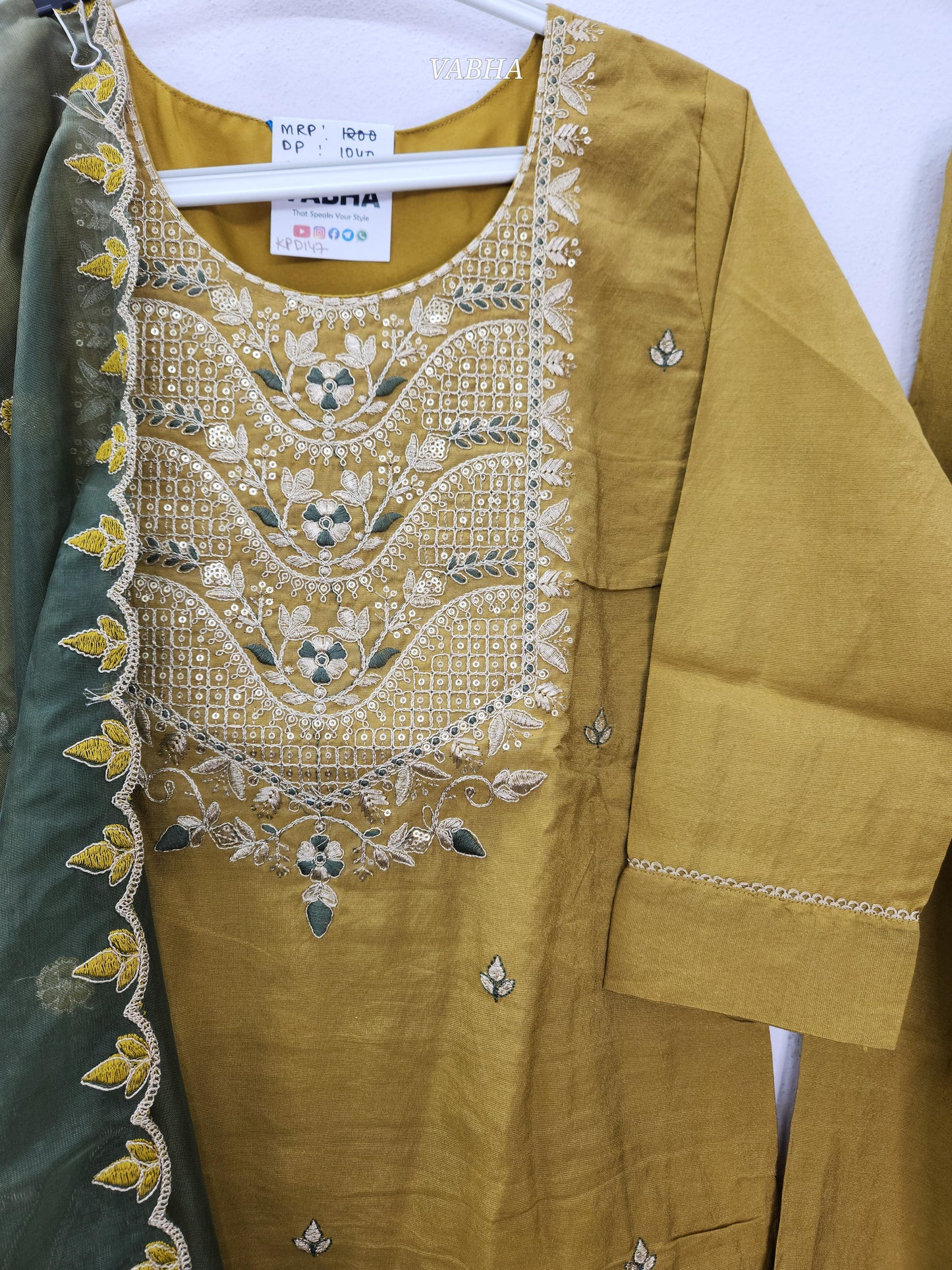 KPD147 Yellow Roman Shimmer Silk Round neck With Heavy Thread embroidery With Lining Straight Cut Kurti Pant Duppatta