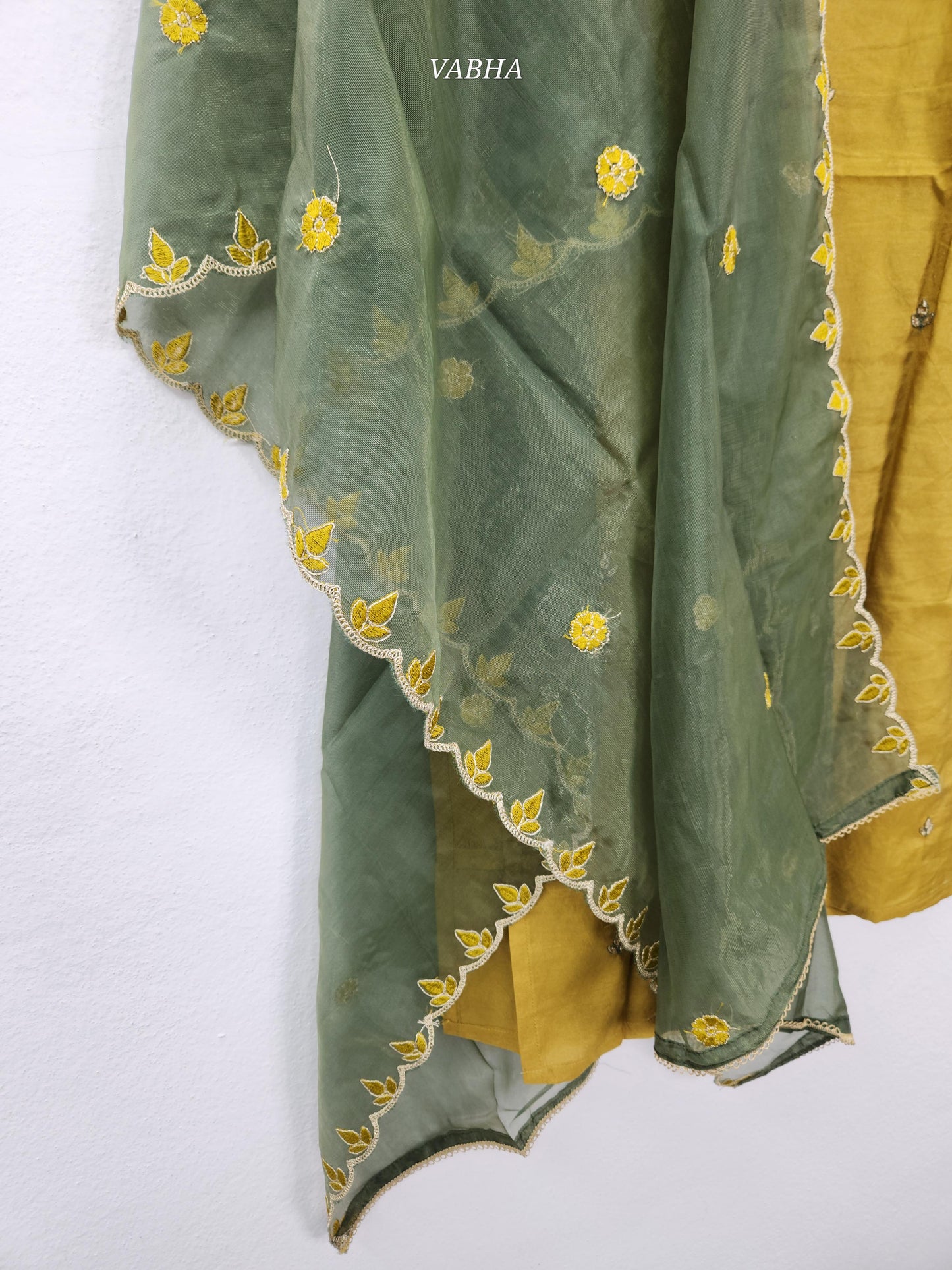 KPD147 Yellow Roman Shimmer Silk Round neck With Heavy Thread embroidery With Lining Straight Cut Kurti Pant Duppatta