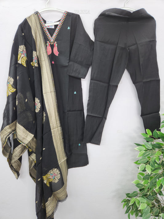 KPD149 Black Roman Silk V neck With Multi Colour Thread embroidery Straight Cut Kurti Pant Duppatta
