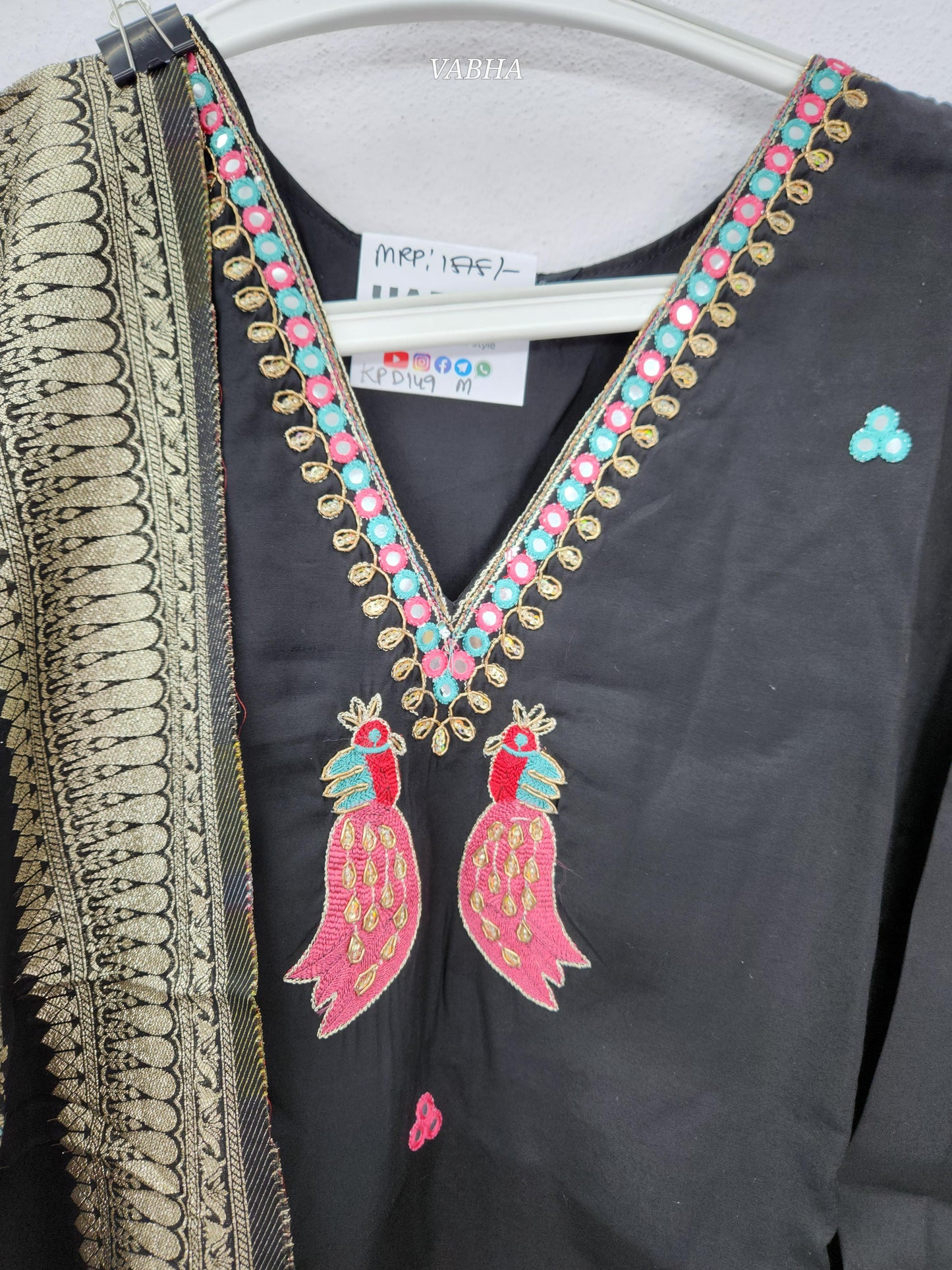 KPD149 Black Roman Silk V neck With Multi Colour Thread embroidery Straight Cut Kurti Pant Duppatta