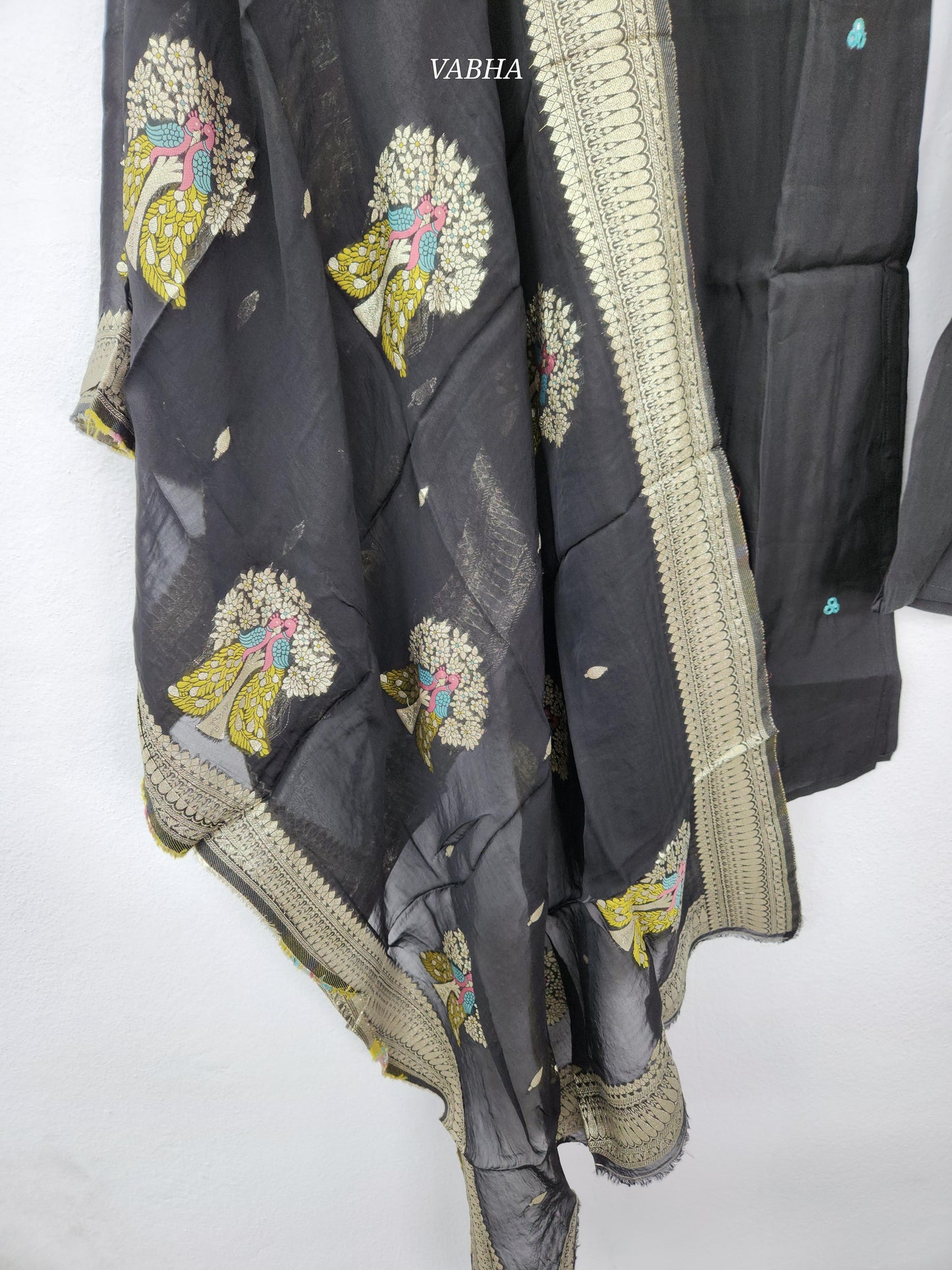KPD149 Black Roman Silk V neck With Multi Colour Thread embroidery Straight Cut Kurti Pant Duppatta