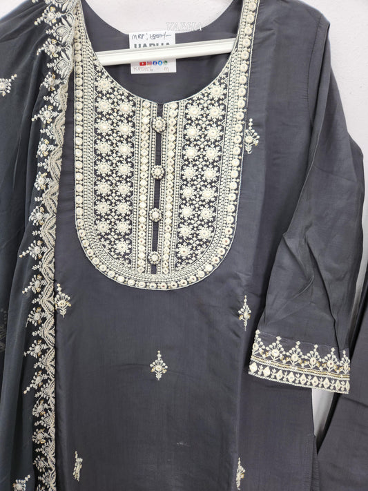 KPD156 Dark Grey Roman Silk Round neck With Thread Embroidery With Lining Straight Cut Kurti Pant Dupatta