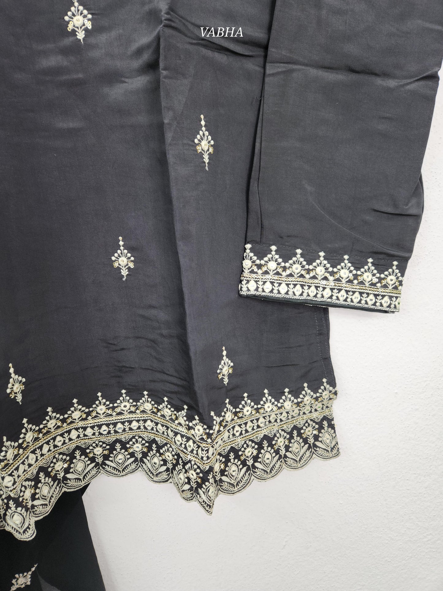 KPD156 Dark Grey Roman Silk Round neck With Thread Embroidery With Lining Straight Cut Kurti Pant Dupatta