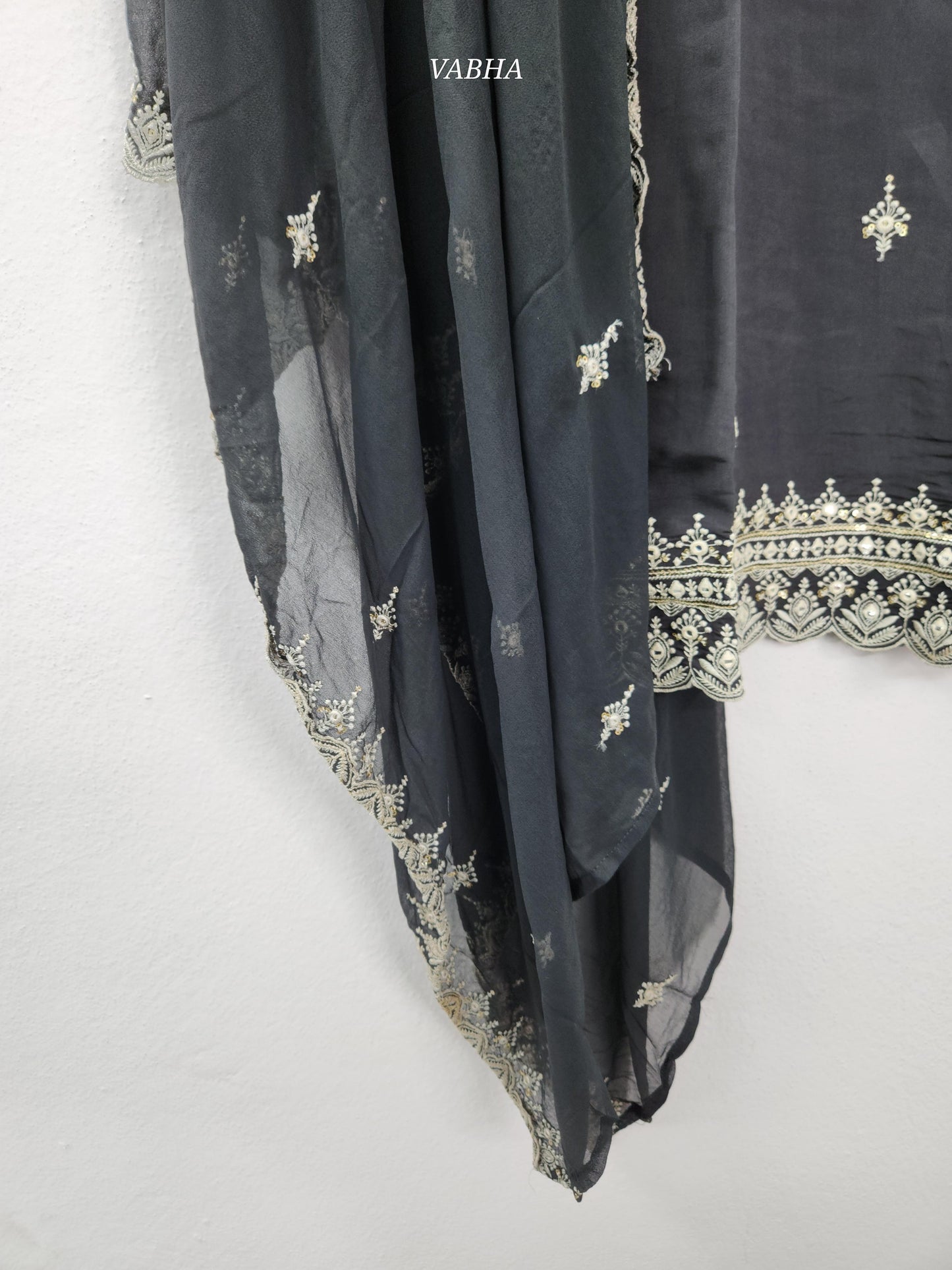 KPD156 Dark Grey Roman Silk Round neck With Thread Embroidery With Lining Straight Cut Kurti Pant Dupatta